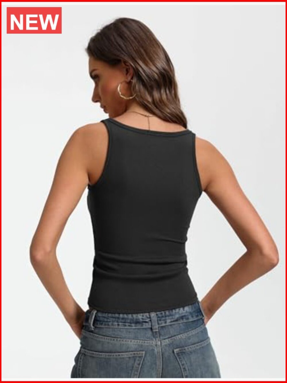 Ribbed Square Neck Tank Top Fitted Slimming Sleeveless Basic Going Out Casual - Picture 2 of 7